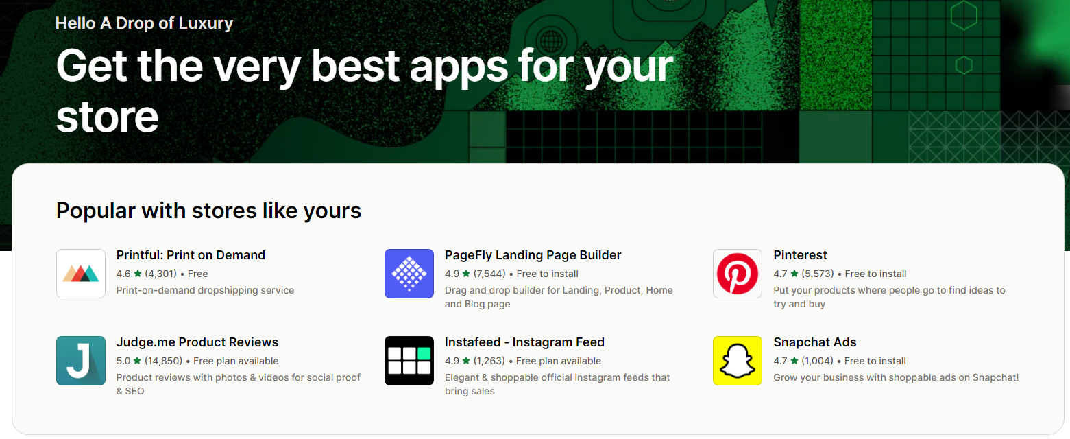 A screenshot of Shopify's app store showing a variety of recommended apps