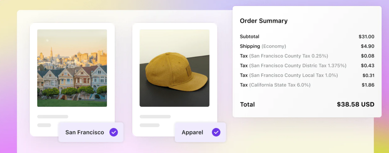 A screenshot showing a customer receipt that uses Shopify's tax automation to add on sales tax