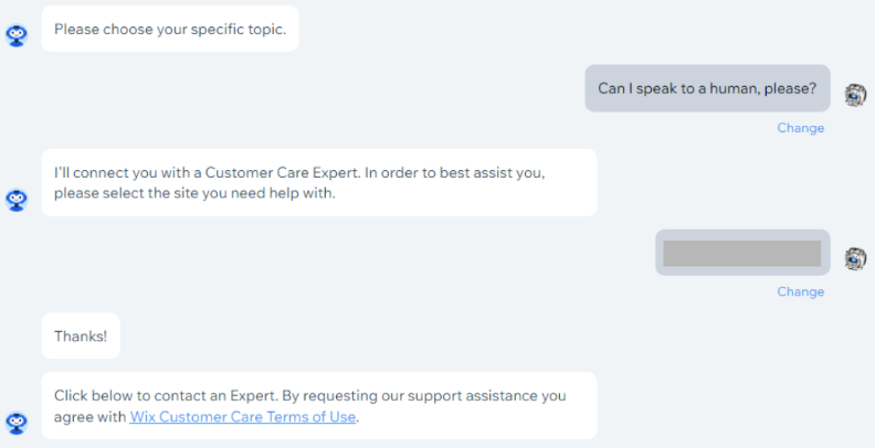 A screenshot showing a conversation with Wix's chatbot and the support channels available when I asked to speak to a human