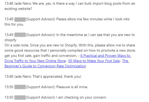 A screenshot showing a conversation with Shopify's customer support