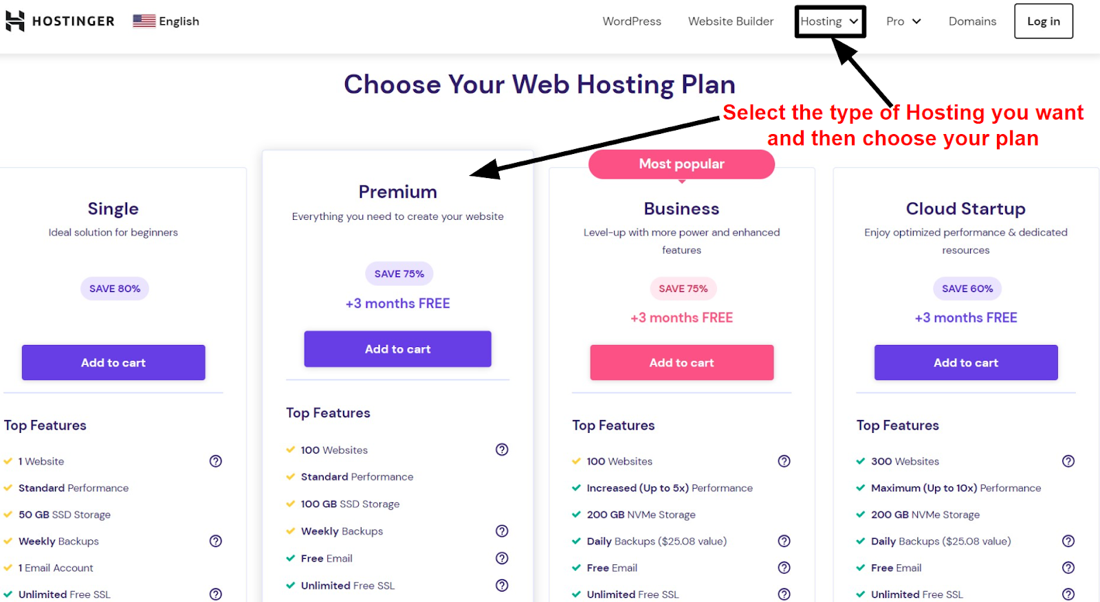 Screenshot of Hostinger's shared hosting plans