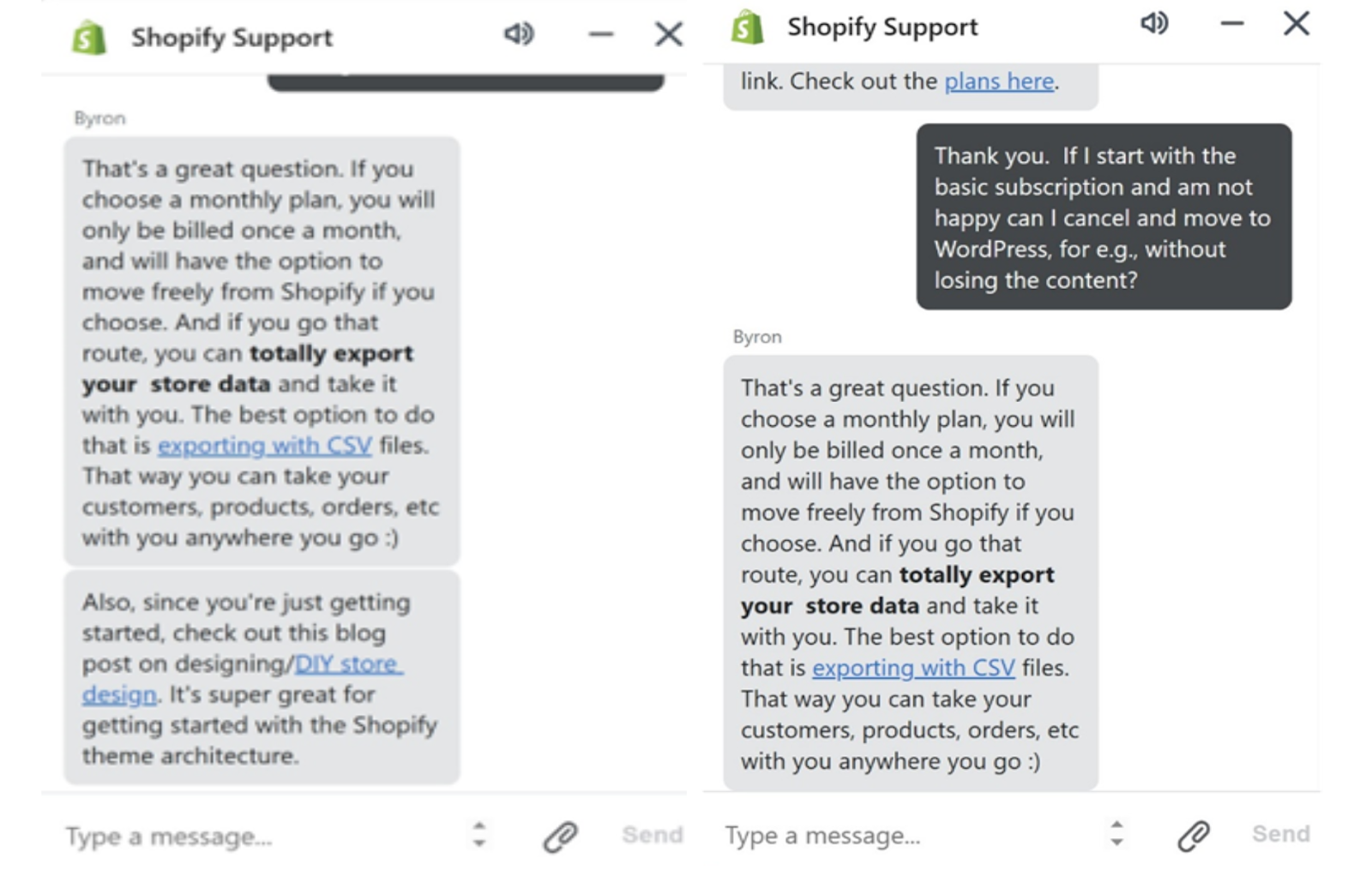 Shopify live chat support interaction