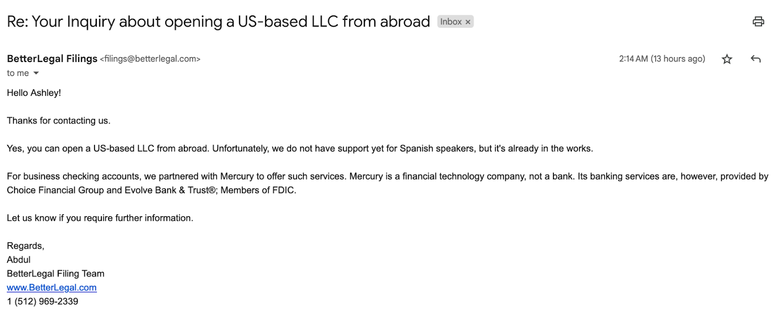BetterLegal's email support follow up.