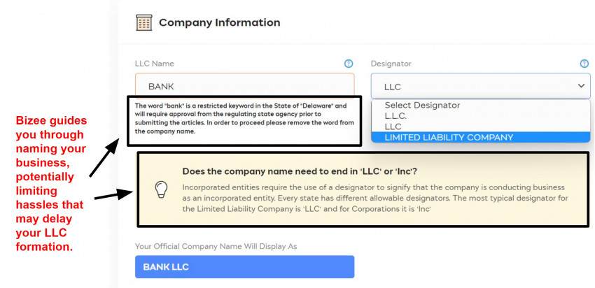 Screenshot of Bizee company naming assistance page