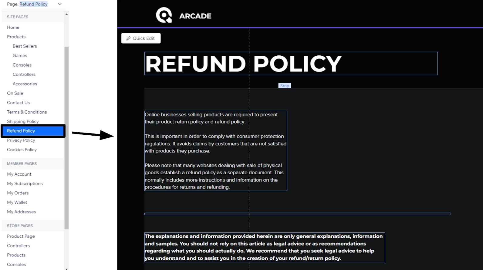 Wix returns policy page, unedited