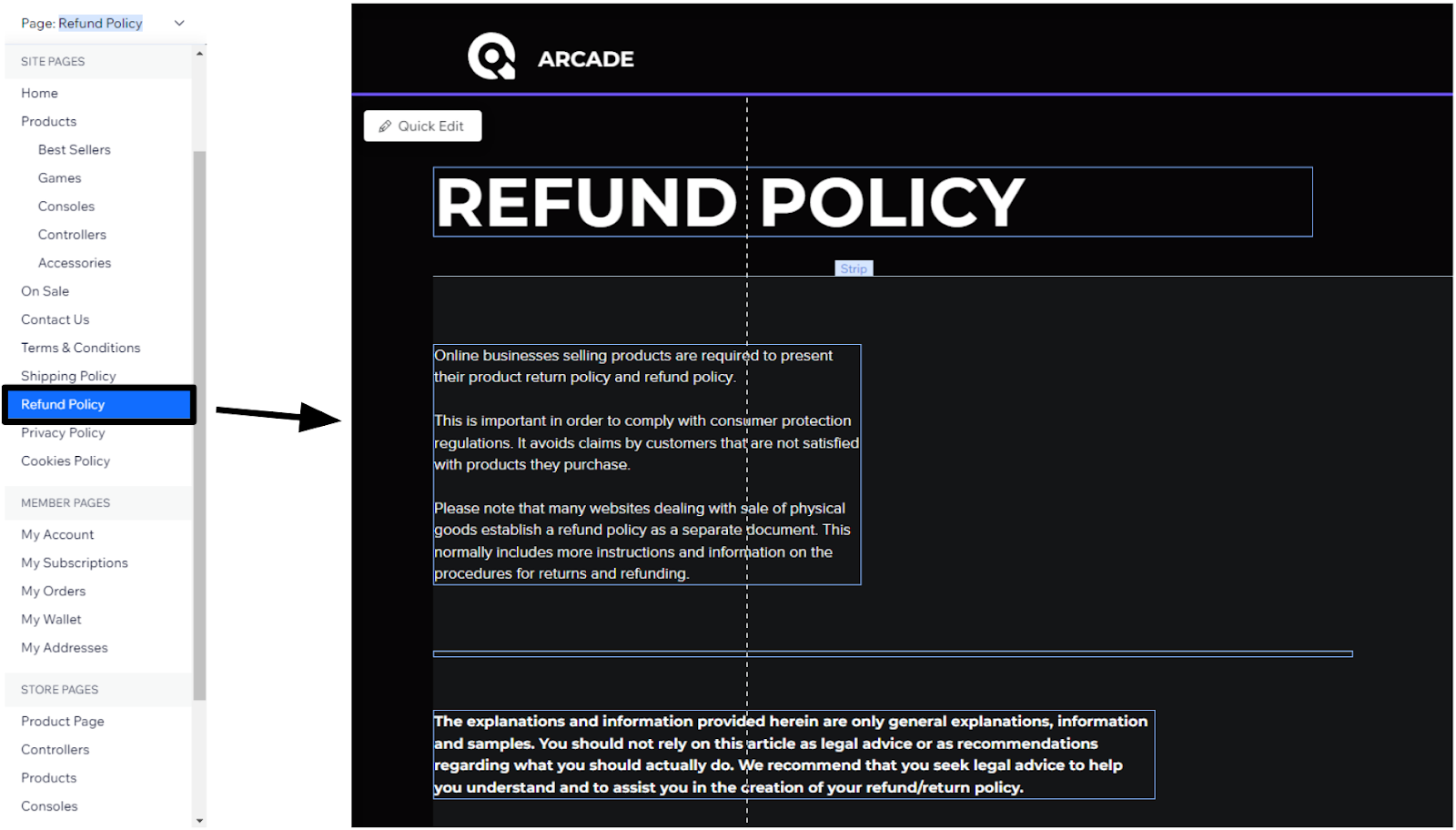 Wix returns policy page, unedited
