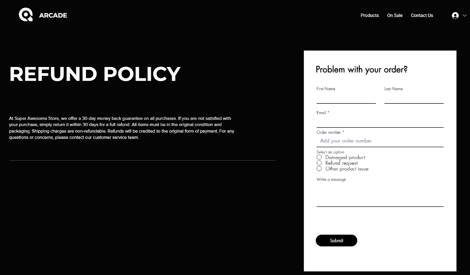 Wix refund policy page, edited
