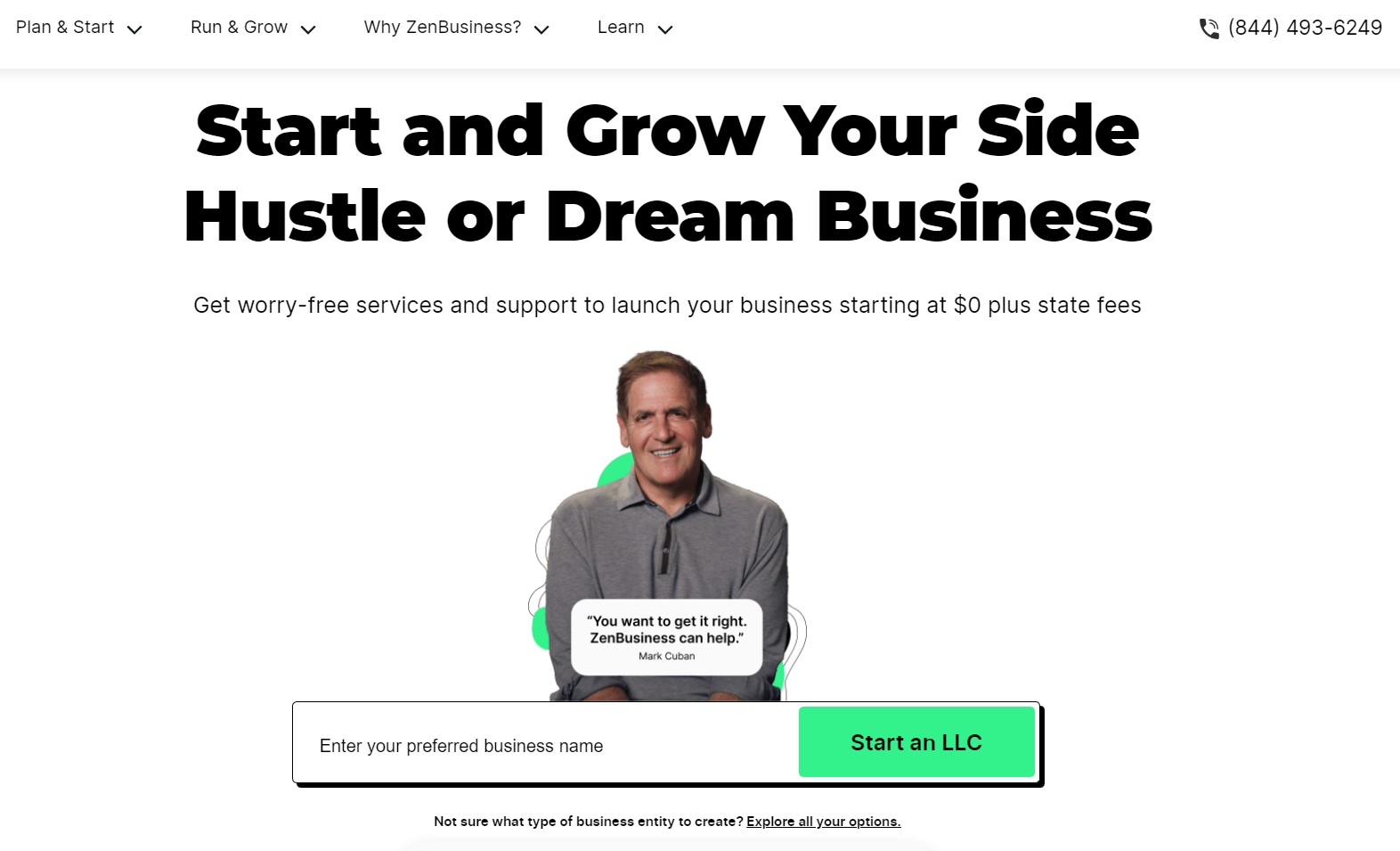 ZenBusiness homepage with preferred business name text field to get started