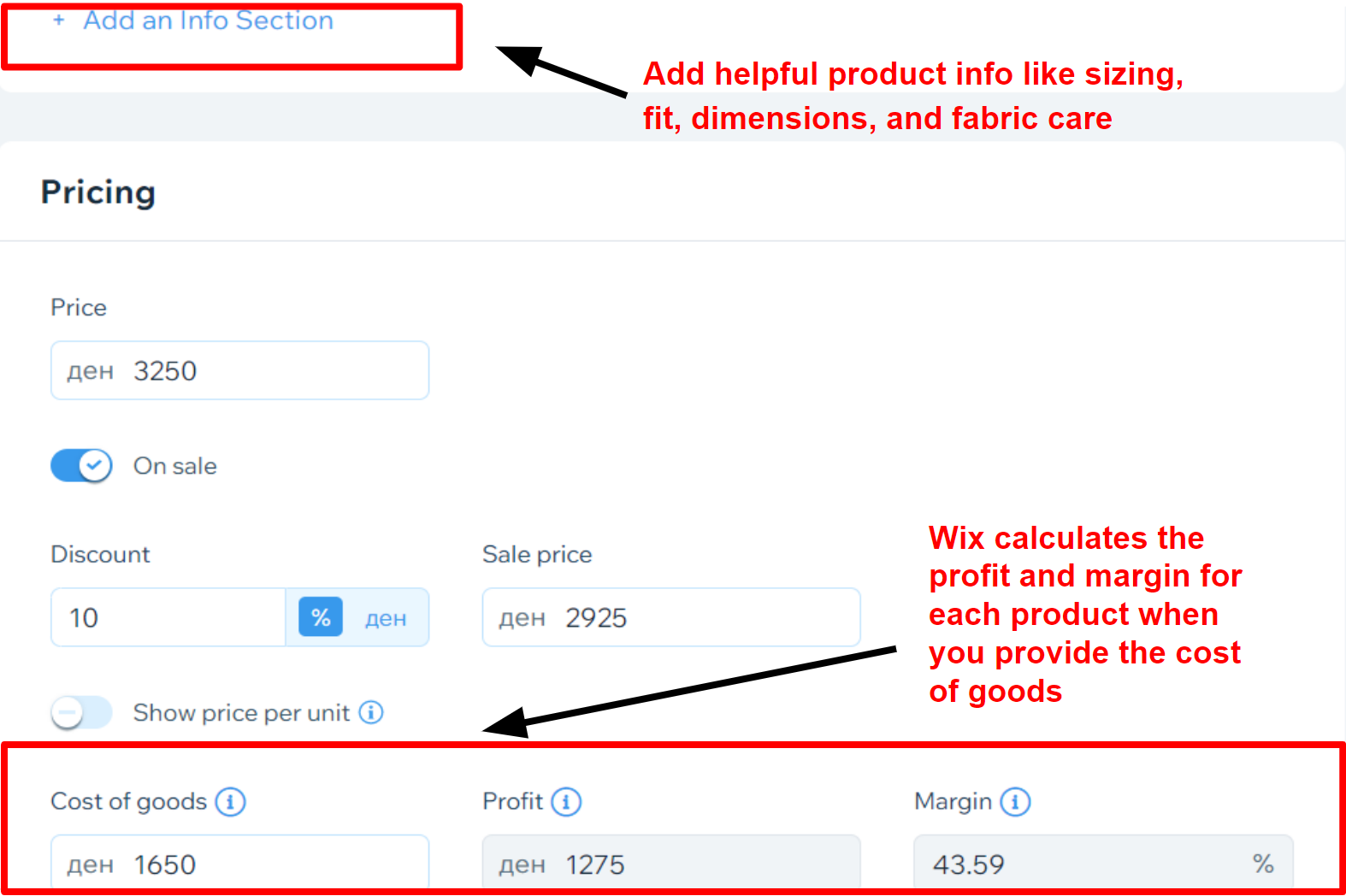 Adding product pricing info on a Wix site