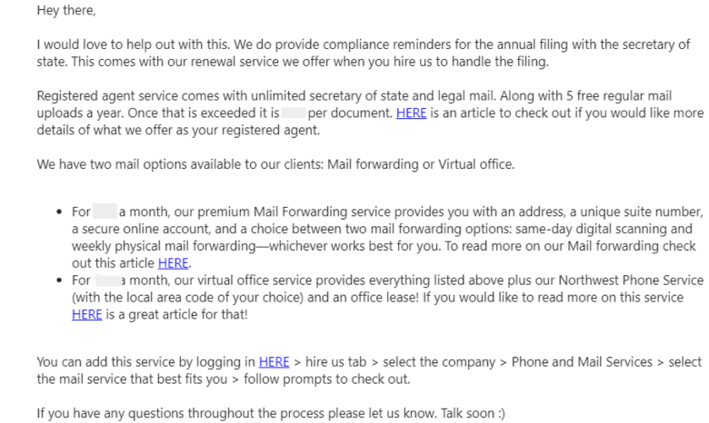 Northwest Registered Agent email customer support