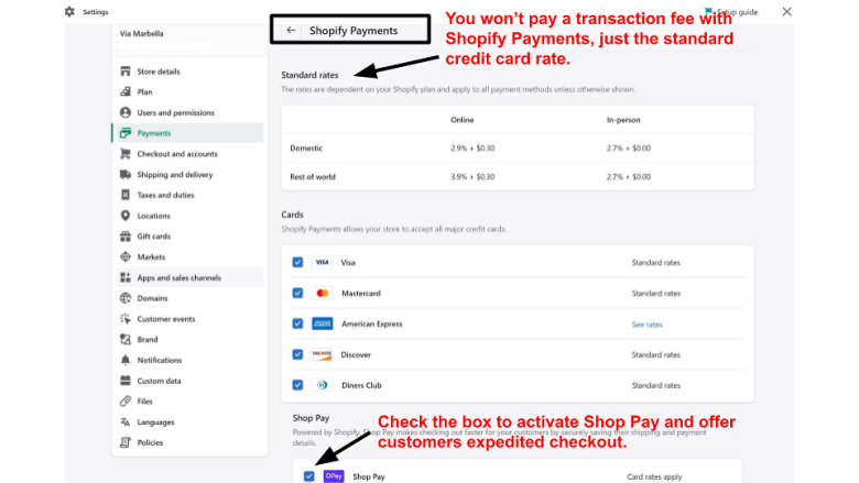 Shopify payment settings - Shopify Payments.