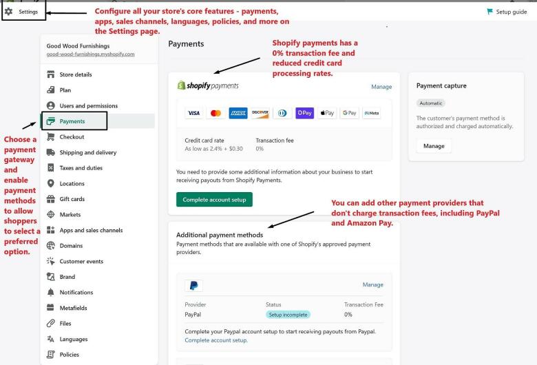 Shopify payment settings - gateways and methods.