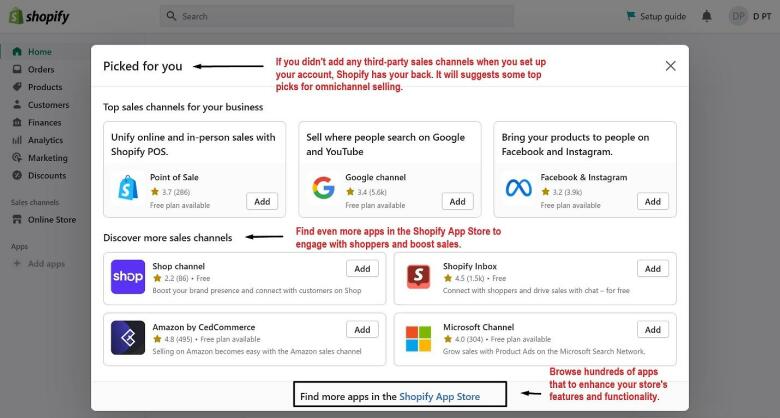 Add sales channels to your Shopify store settings.