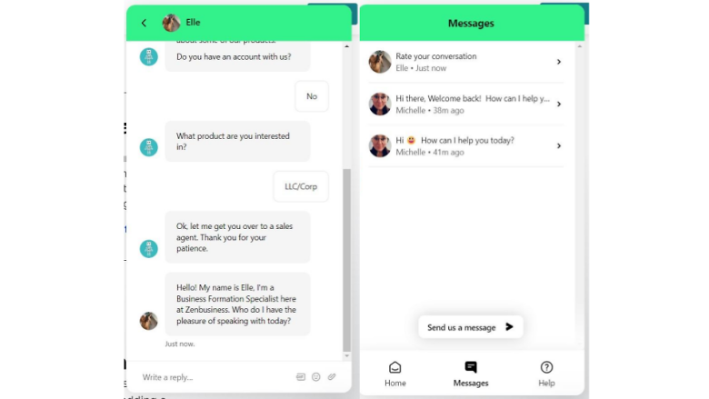ZenBusiness's live chat support interaction