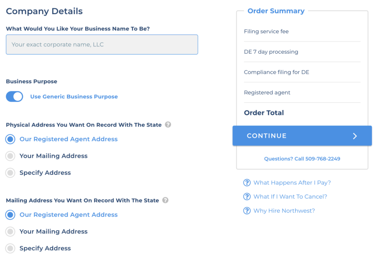 Northwest Registered Agent's Online sign up process