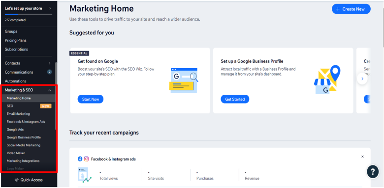 Wix marketing dashboard