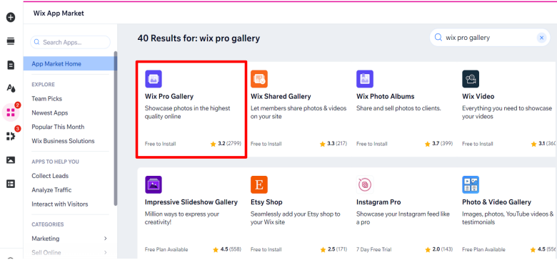 Wix App Market gallery apps