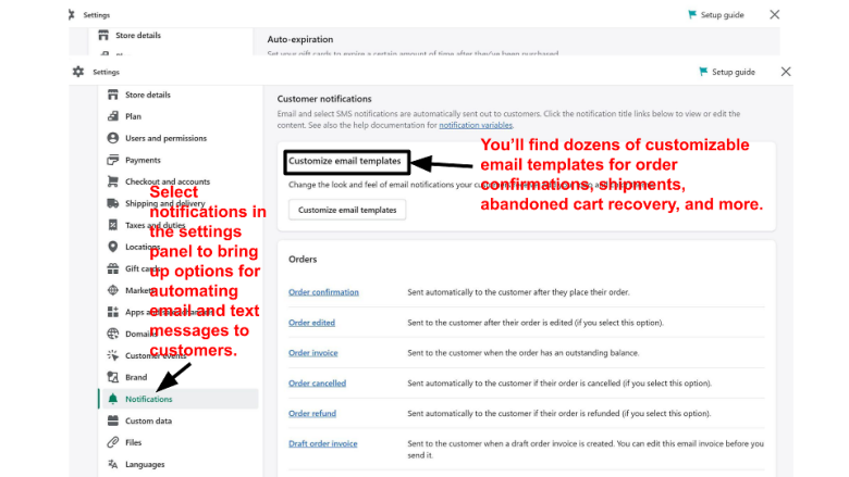 Shopify automated notifications settings