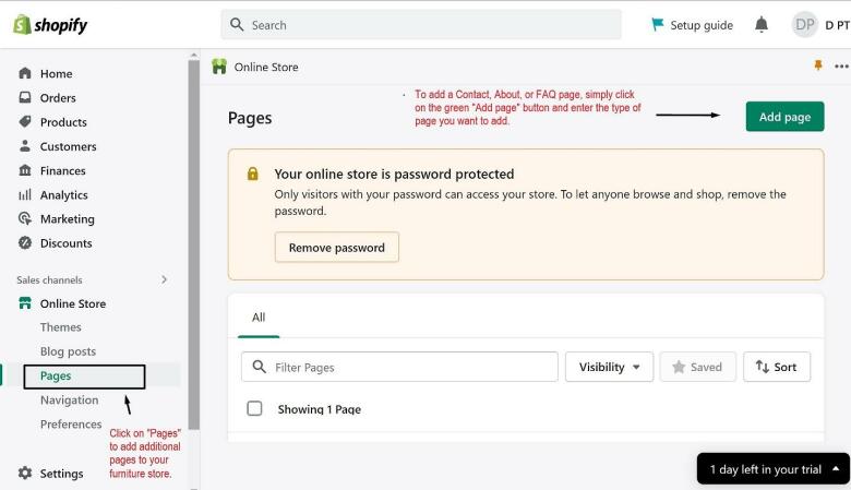 Add pages to your Shopify store settings.