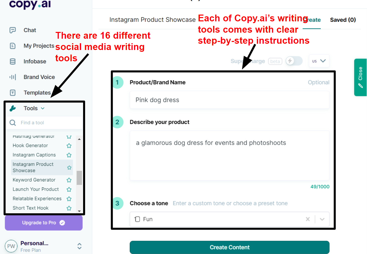 Copy.ai Instagram Product Showcase writing tool