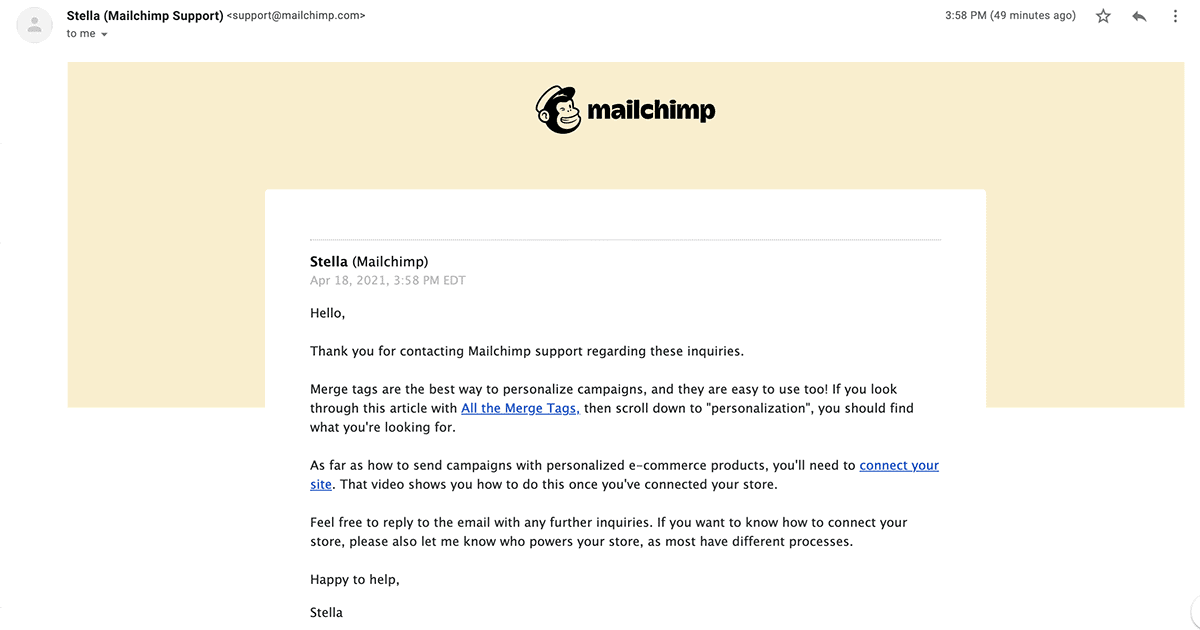 Screenshot of a customer support email from Mailchimp