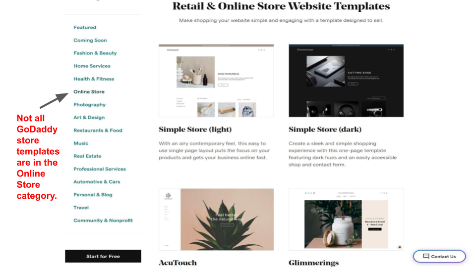 GoDaddy Online Store templates