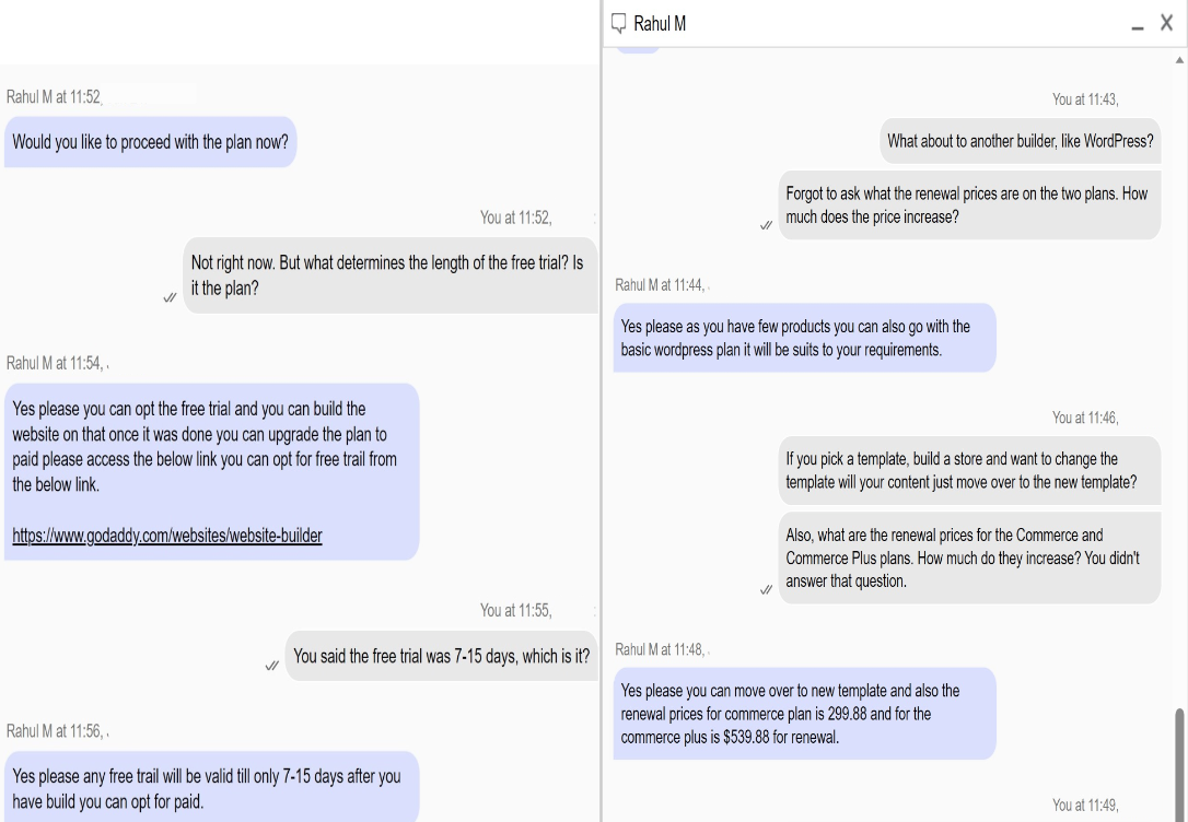 GoDaddy live chat support conversation.