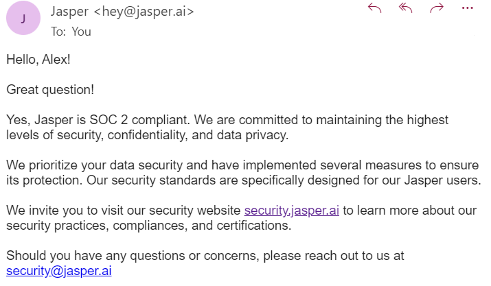 an interaction via email with a Jasper representative about the platform's data privacy and security