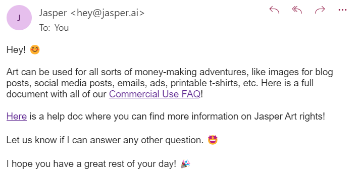 an interaction with Jasper's email support team about the commercial rights of images generated with the art tool