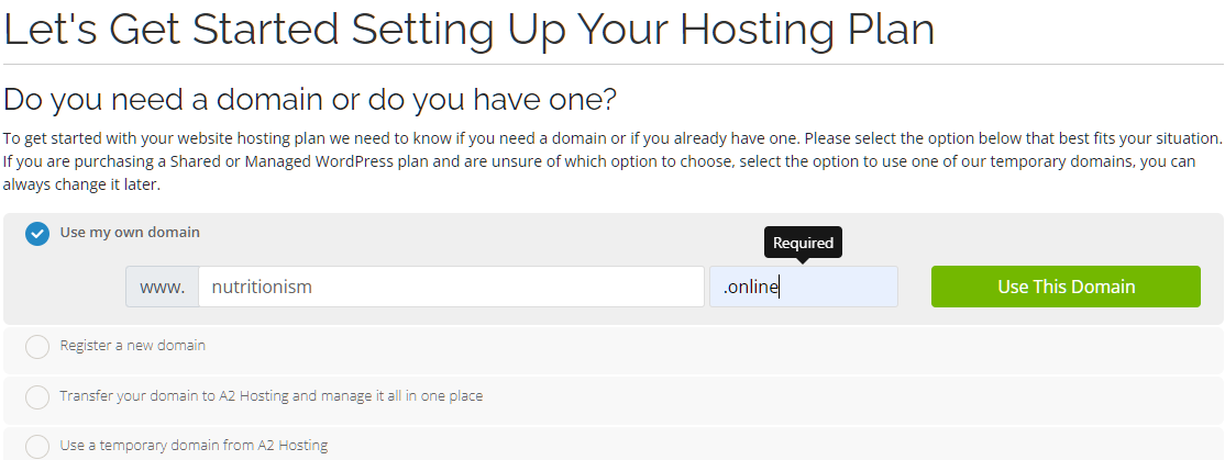 The first screen in A2 Hosting's shared hosting plan purchasing process