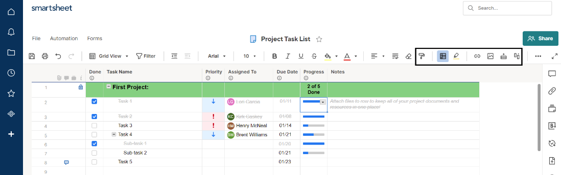 smartsheet's project task list