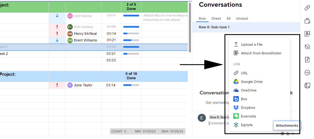 a cropped image showing all the sources from which users can upload files to Smartsheet