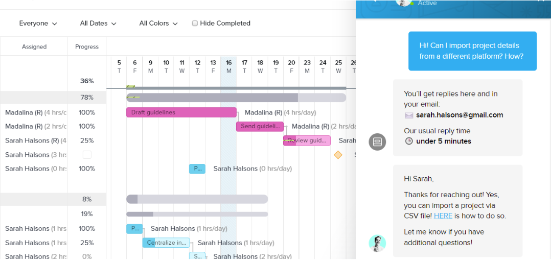 interaction with TeamGantt's live chat support