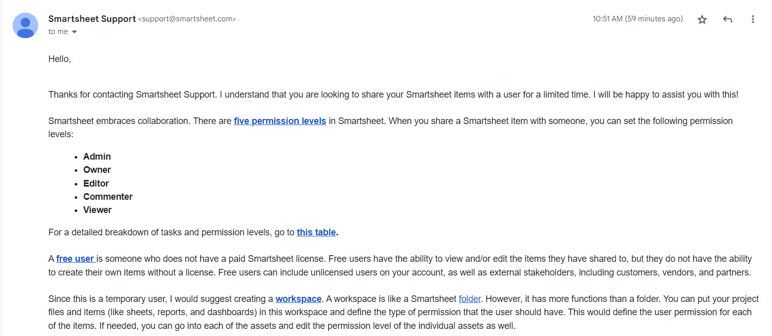 Smartsheet email support interaction