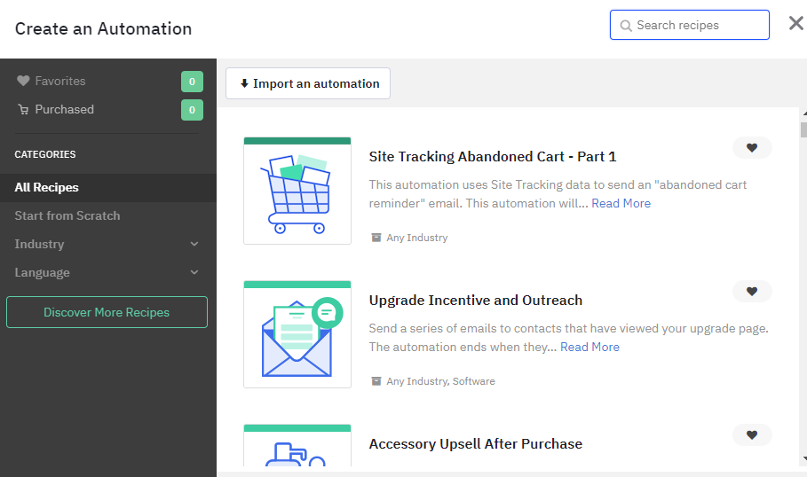 ActiveCampaign pre-built automation workflow menu