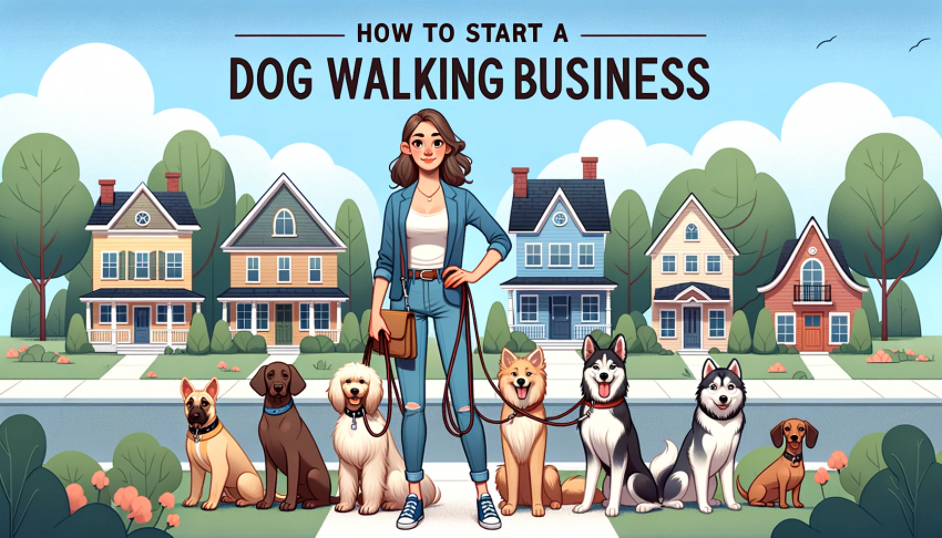 Illustration of a suburban setting with houses, trees, and a clear blue sky. In the center, a young woman with medium-length brown hair and casual attire stands confidently holding leashes attached to a diverse group of dogs including a Golden Retriever, a Poodle, a Dachshund, and a Siberian Husky. Above the scene, the title 'How To Start a Dog Walking Business' is written in bold, stylish letters.