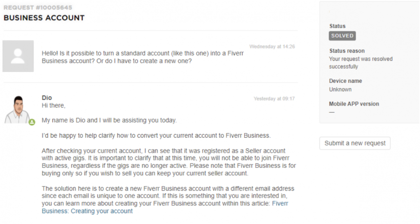 An interaction with Fiverr support about Business accounts
