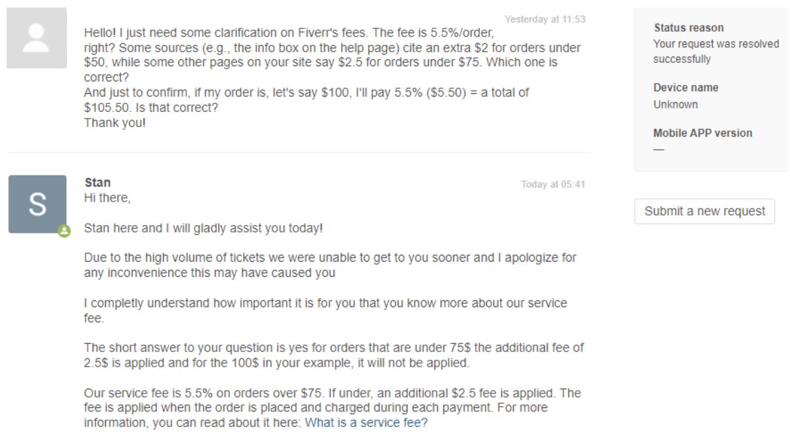 Interaction with Fiverr support about transaction fees