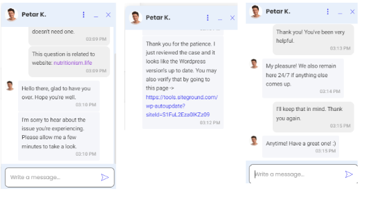 my helpful live chat experience with SiteGround's chat support team
