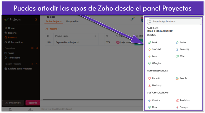 Zoho Projects interface for app management