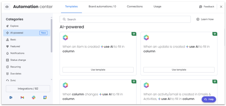 monday.com automation center with AI templates