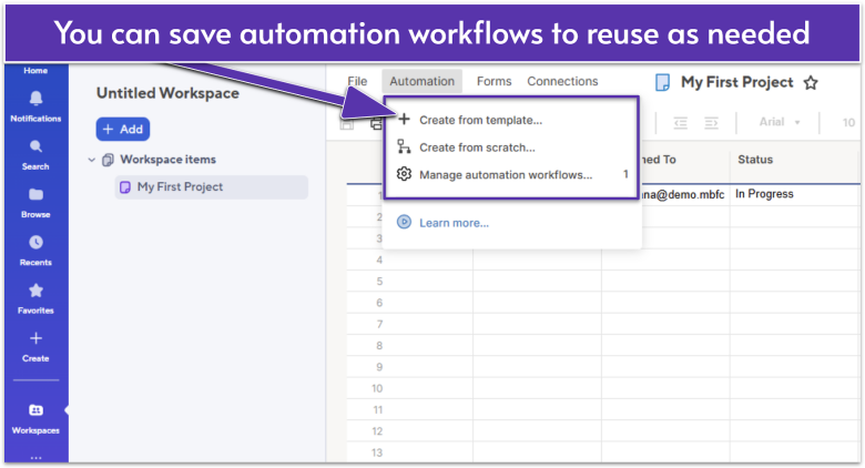 Smartsheet automation workflow menu