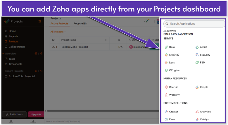 Zoho Projects interface for app management