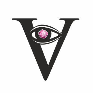 logo by Logocraft - a classic "V" monogram with a simple eye sketch in the middle, the center is a red-pink rose