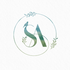 logo by pecas - the letters SA in a muted green-blue gradient, there's a line that extends from the bottom of the S crossing and encircling both letters as it moves outward clockwise
