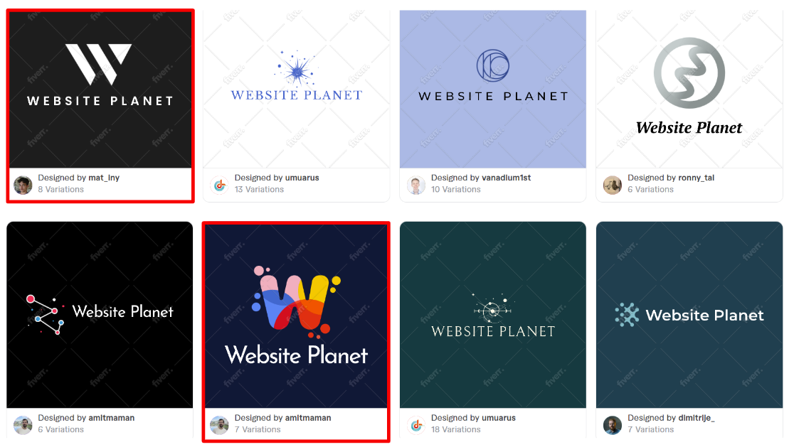 a snapshot of a few logos generated by Fiverr's logo maker