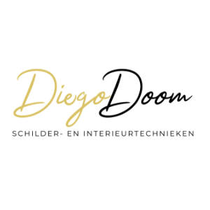 logo by ideagrapy - modern signature logo of the name Diego Doom, Diego is in orange gold and Doom is black
