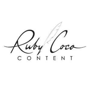 logo by Ruve - signature logo of Ruby Coco, elegant font with clean, long strokes, discreet quill pen element between the two words