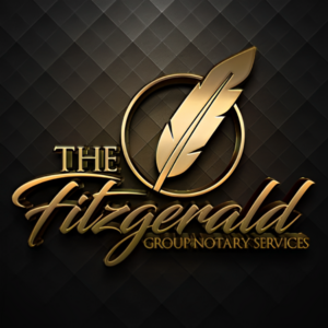 logo by Sarah - notary services bold signature logo in gold, multiple fonts used with a quill pen as an icon on top