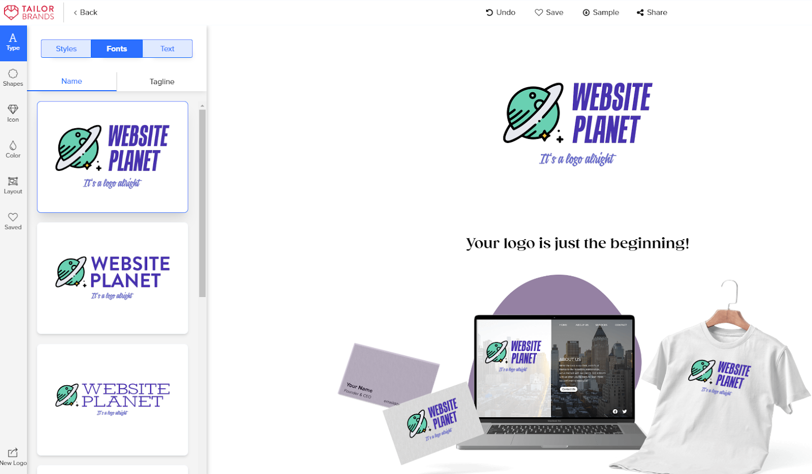 Tailor Brands Website Planet logo generation
